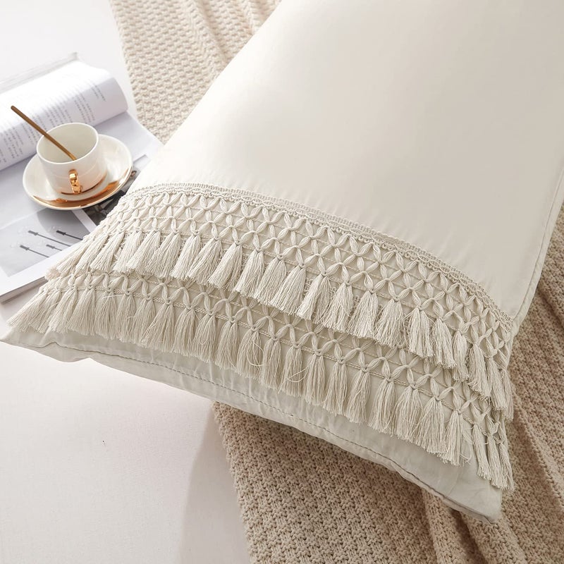 MOVE OVER Beige Tassel Body Pillow Cover 20x54 Body Pillow Cover Boho Chic Macrame Tassel Decor Pillow Covers with Pocket Closure