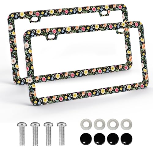 Pcnjozx 2PCS Floral License Plate Frames for Women Men Stainless Steel Decorative License Plate Holder Colorful Flower Car Accessories RustProof Universal Fit for Standard US Plates - Image 1