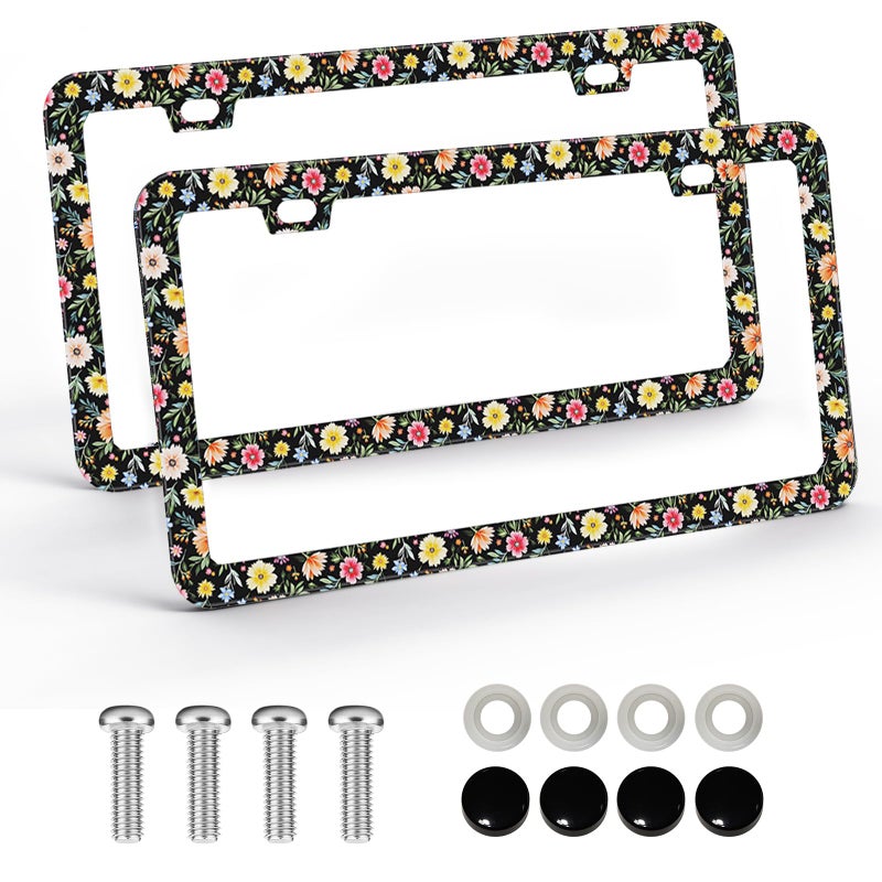 Pcnjozx 2PCS Floral License Plate Frames for Women Men Stainless Steel Decorative License Plate Holder Colorful Flower Car Accessories RustProof Universal Fit for Standard US Plates - Image 3
