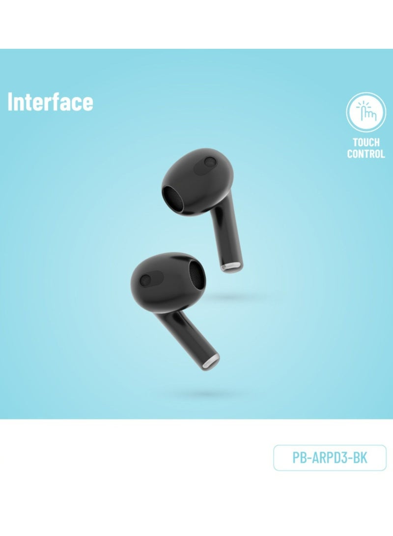 سماعات أذن لاسلكية Blue Deep Bass 3، وقت عمل لمدة 20 ساعة، منفذ شحن من النوع C، إلغاء الضوضاء البيئية، سماعات أذن مستقلة، تحكم باللمس - أسود