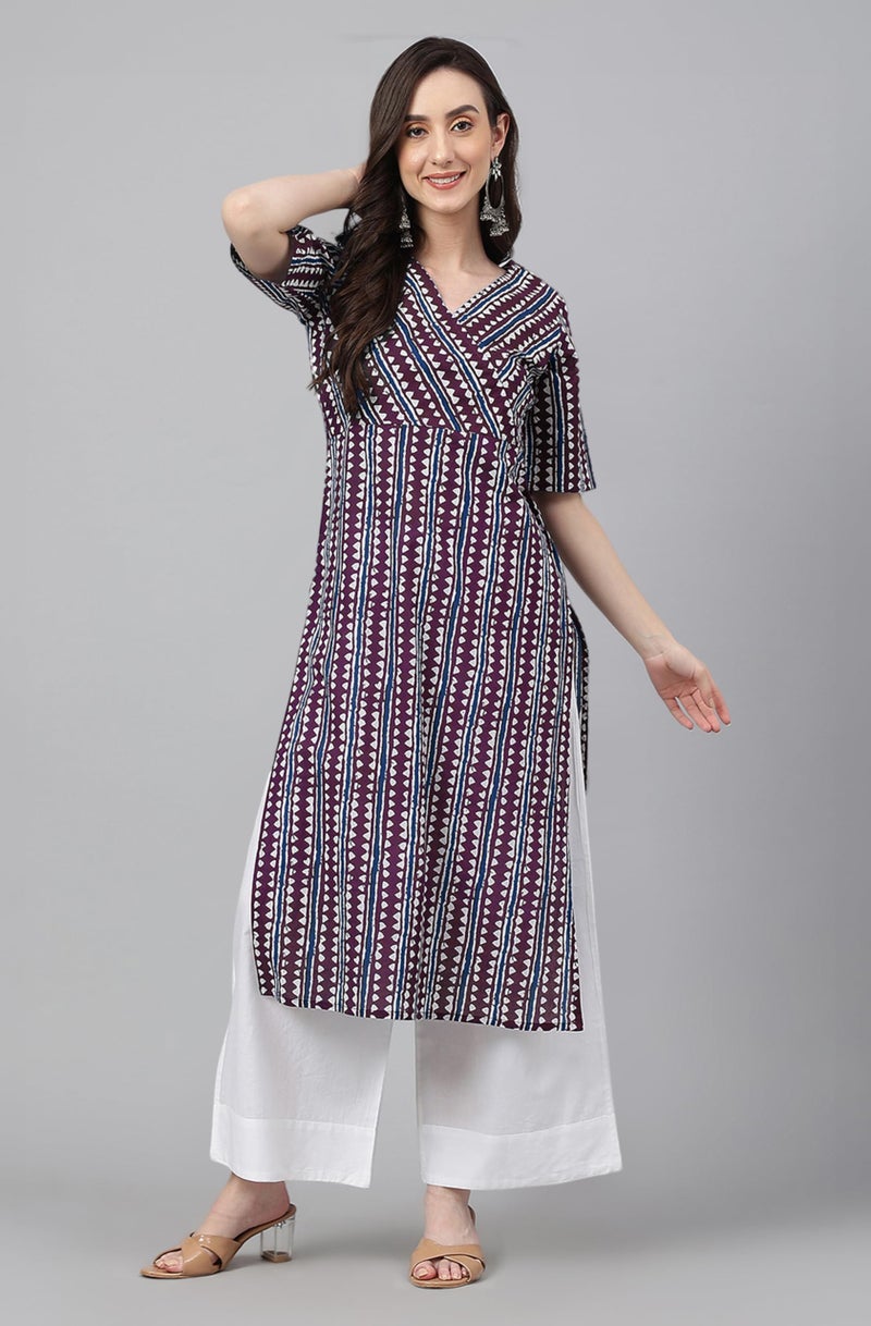 Janasya Women's Wine Pure Cotton Geometric Printed Straight Kurta (JAC24KR01687-XXL) - Image 3