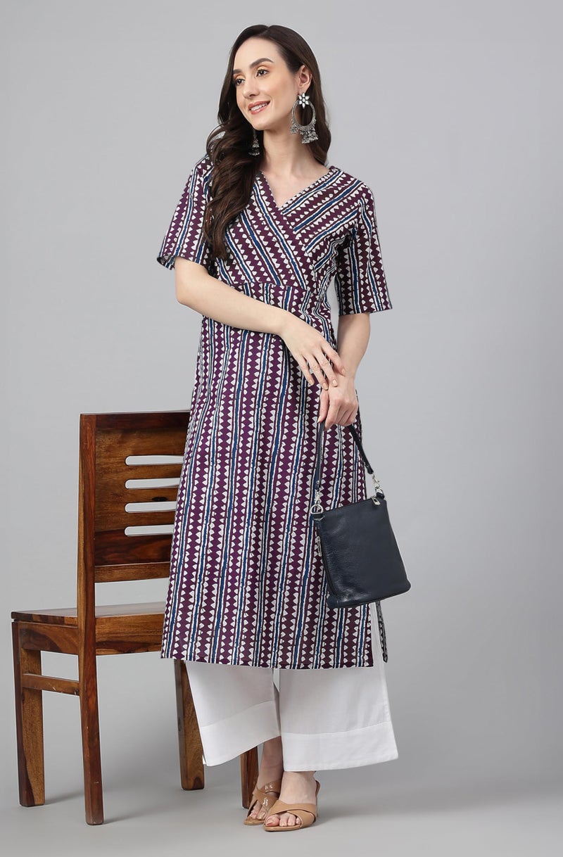 Janasya Women's Wine Pure Cotton Geometric Printed Straight Kurta (JAC24KR01687-XXL) - Image 2