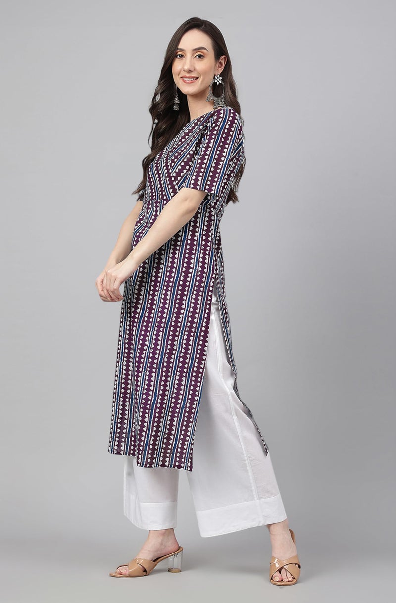 Janasya Women's Wine Pure Cotton Geometric Printed Straight Kurta (JAC24KR01687-XXL) - Image 4
