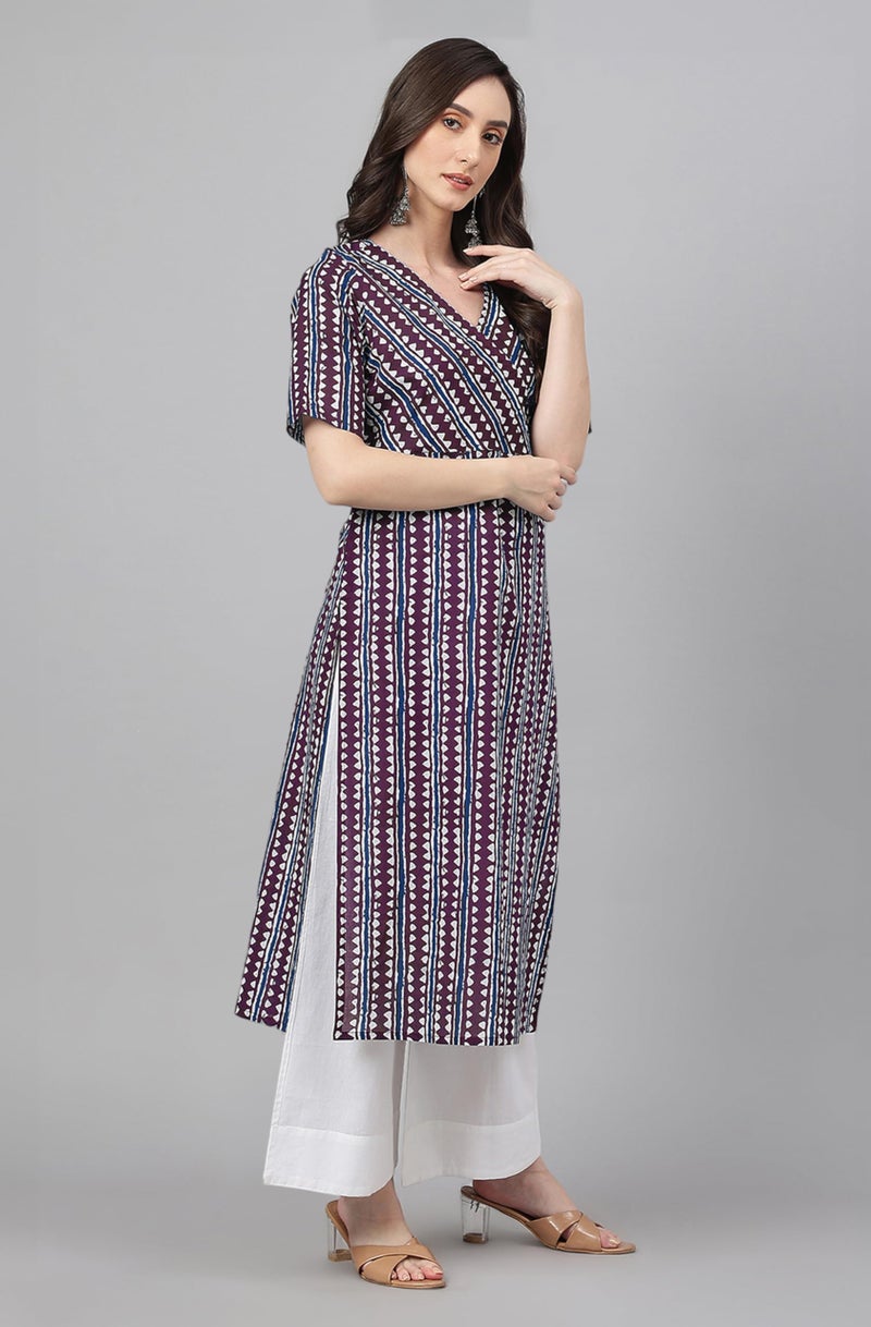 Janasya Women's Wine Pure Cotton Geometric Printed Straight Kurta (JAC24KR01687-XXL) - Image 5