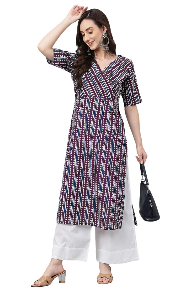 Janasya Women's Wine Pure Cotton Geometric Printed Straight Kurta (JAC24KR01687-XXL) - Image 1