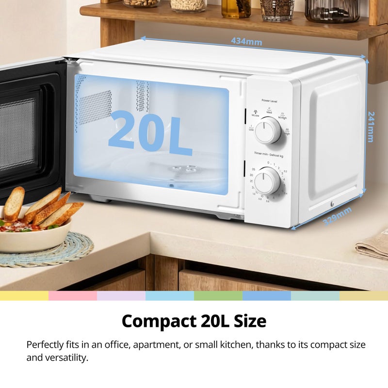 COMFEE' 20L Compact White Microwave Oven, 700W Solo Manual Countertop Microwave with 5 Power Levels, Quick Defrost, Easy Clean, Dial Timer, Ideal for Small Kitchens - CMO-MM20L2NFPF(WH) - Image 2