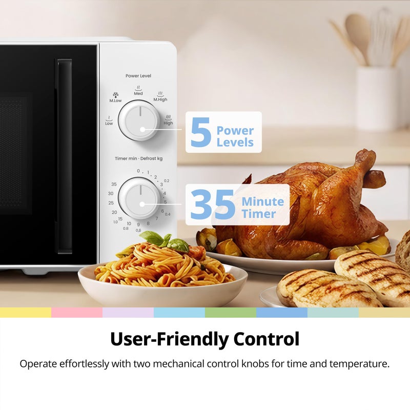 COMFEE' 20L Compact White Microwave Oven, 700W Solo Manual Countertop Microwave with 5 Power Levels, Quick Defrost, Easy Clean, Dial Timer, Ideal for Small Kitchens - CMO-MM20L2NFPF(WH) - Image 5