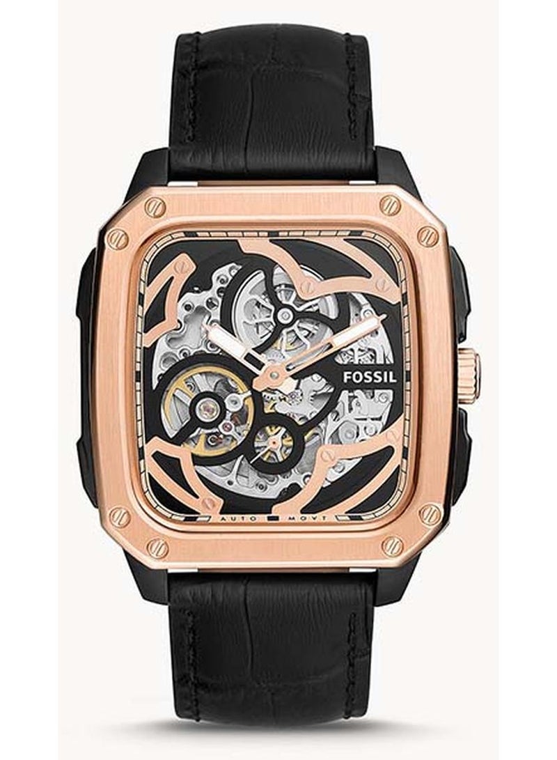 FOSSIL Men Inscription Rectangle Shape Leather Strap Analog Wrist Watch BQ2572 - 41mm - Black - Image 1