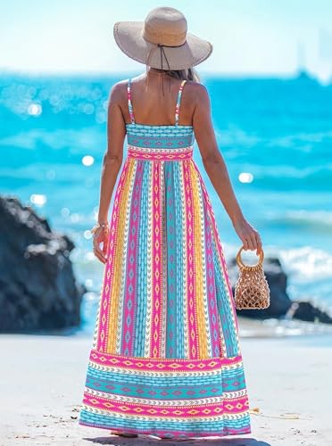 popvil Women Summer Maxi Dress 2026 Spaghetti Strap Long Beach Dress A-Line Flowy Casual Sleeveless Sun Dress Wedding Party(Multicolor Blue,X-Large) - Image 3