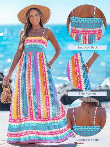 popvil Women Summer Maxi Dress 2026 Spaghetti Strap Long Beach Dress A-Line Flowy Casual Sleeveless Sun Dress Wedding Party(Multicolor Blue,X-Large) - Image 4