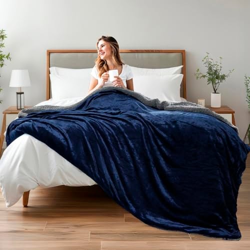 CHANDRAVATI Double Bed Premium Polyester Micromink Mild Winter/Heavy Winter Sherpa Blanket Super Soft Flannel Solid/Plain || (Blue) - Image 3