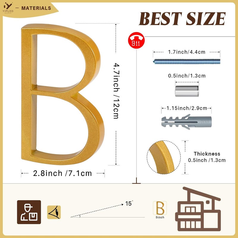 YIPLED 5 Inch House Numbers for Outside, Metal Address Number B - Modern Design, Weather-Resistant Gold Powder Coated Finish, No Fading (Gold) - Image 3