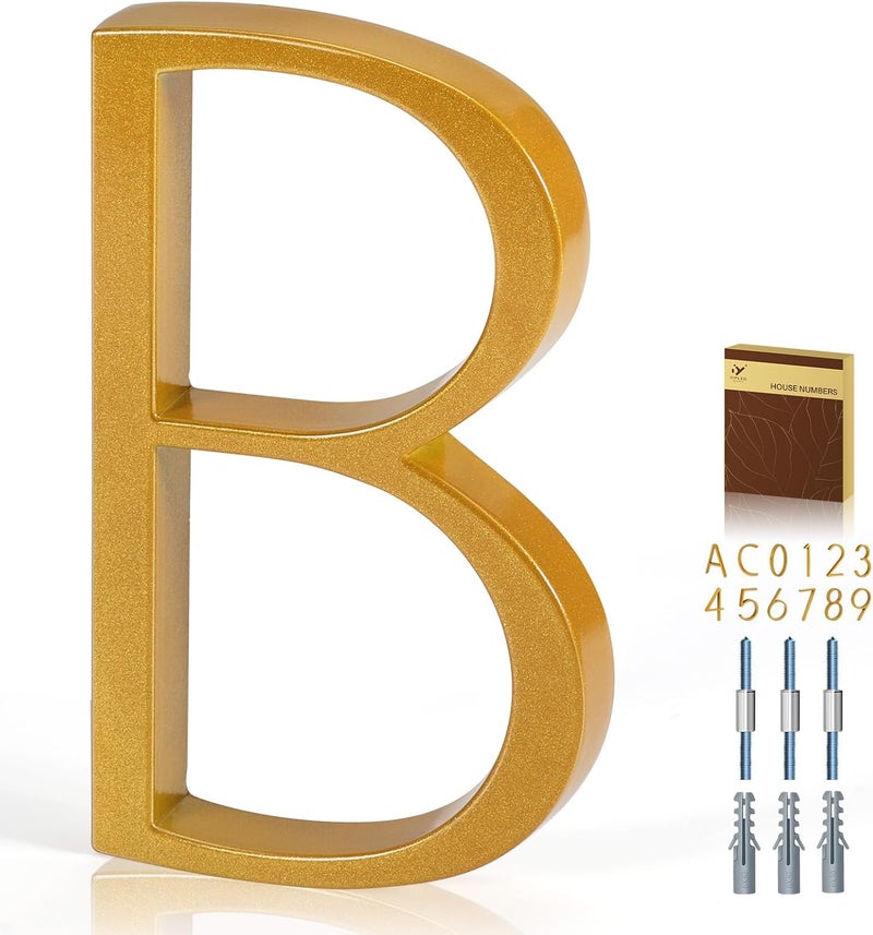 YIPLED 5 Inch House Numbers for Outside, Metal Address Number B - Modern Design, Weather-Resistant Gold Powder Coated Finish, No Fading (Gold) - Image 1