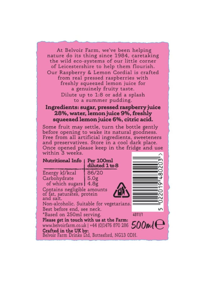 Belvoir Farm Raspberry & Lemon Cordial Drink 500ml - Image 2