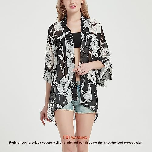 Max Hsuan Women's Loose Print Sheer Chiffon Kimono Beach Swim Cover up Cardigan Capes Blouse Tops - Image 3