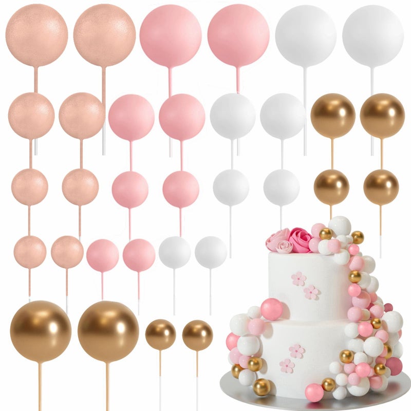 ASTARON 32 Pcs Ball Cake Topper Decorations Mini Balloons Cake Topper Sticks Foam Balls Cake Picks Cake Topper Balls Cake Decorations for Wedding Party Birthday Cake Decorations (Rose goldï¼ŒPink) - Image 1