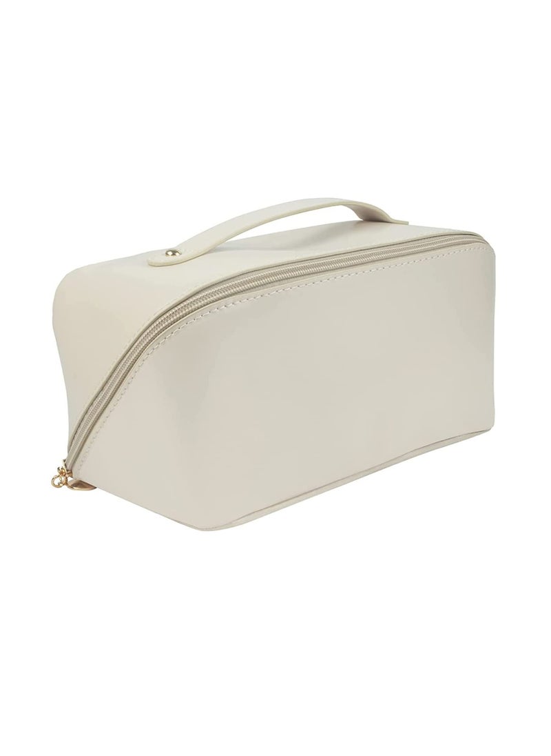 LIGHTNIING HAMMERZ LIGHTNIING HAMMERZ Cosmetic Bag For WomenPu Leather Makeup Pouch For WomenLarge Capacity Cosmetic Travel BagPortable Makeup Kit Bag With Handle And DividerMakeup Organizer BagCream115 CM  - Image 1