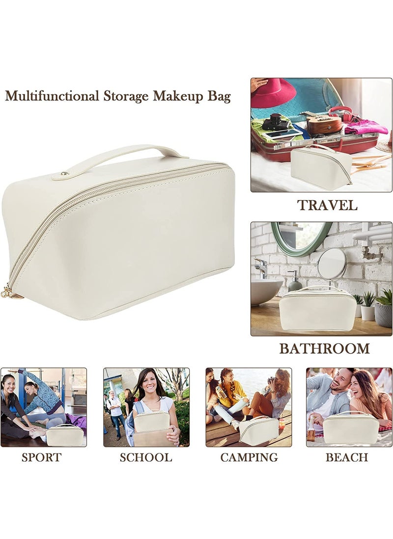 LIGHTNIING HAMMERZ LIGHTNIING HAMMERZ Cosmetic Bag For WomenPu Leather Makeup Pouch For WomenLarge Capacity Cosmetic Travel BagPortable Makeup Kit Bag With Handle And DividerMakeup Organizer BagCream115 CM  - Image 2