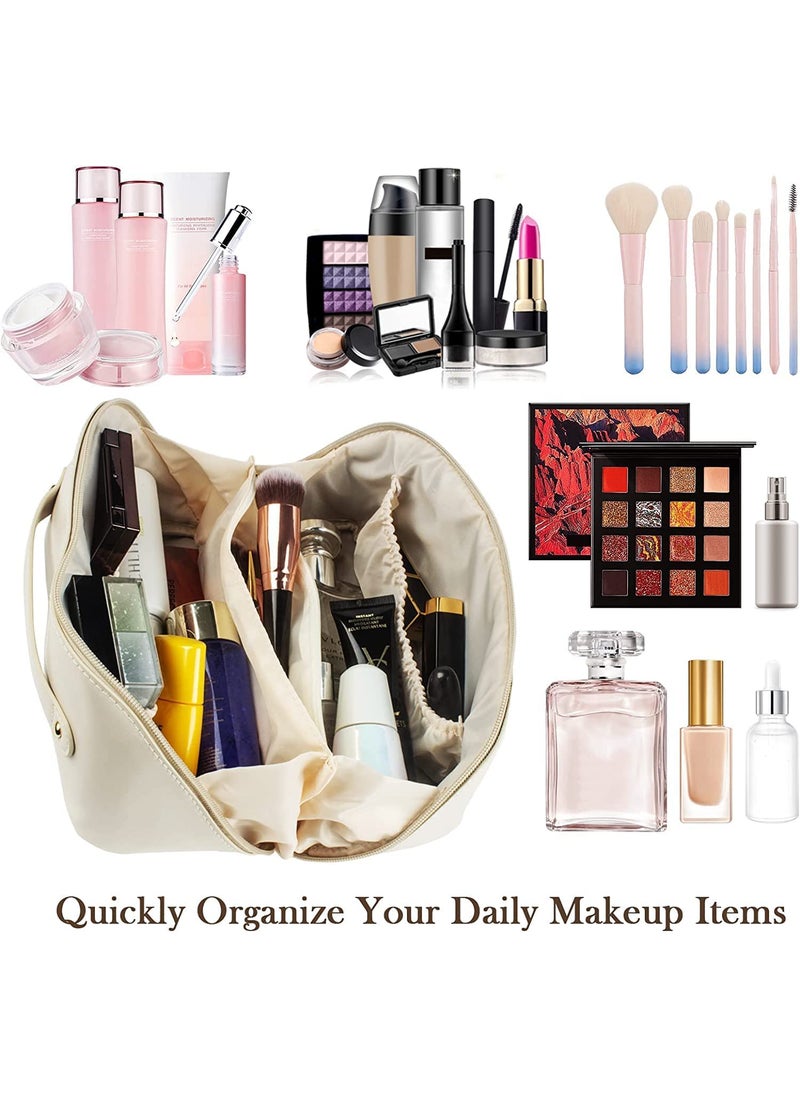 LIGHTNIING HAMMERZ LIGHTNIING HAMMERZ Cosmetic Bag For WomenPu Leather Makeup Pouch For WomenLarge Capacity Cosmetic Travel BagPortable Makeup Kit Bag With Handle And DividerMakeup Organizer BagCream115 CM  - Image 3