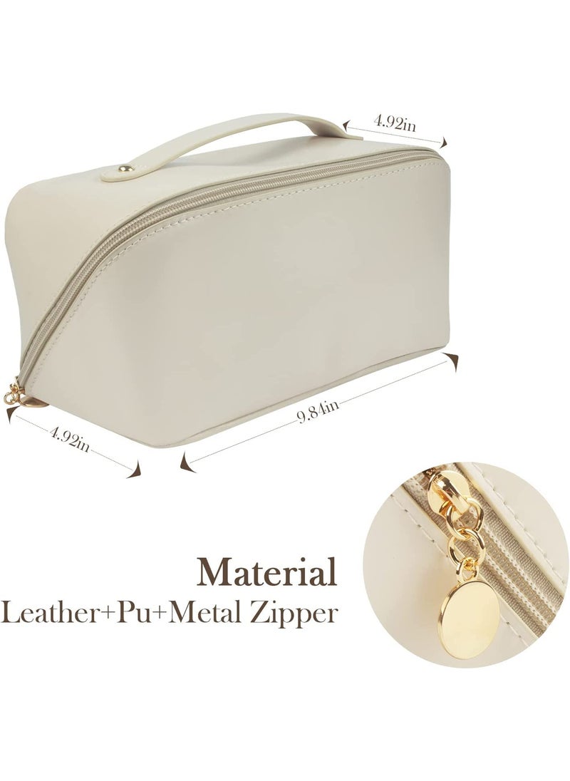 LIGHTNIING HAMMERZ LIGHTNIING HAMMERZ Cosmetic Bag For WomenPu Leather Makeup Pouch For WomenLarge Capacity Cosmetic Travel BagPortable Makeup Kit Bag With Handle And DividerMakeup Organizer BagCream115 CM  - Image 4