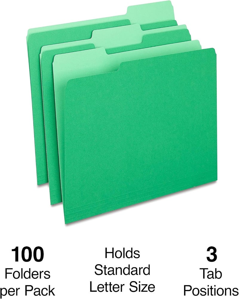 Staples File Folders, 1/3-Cut Tab, Assorted Position, Letter Size, Perfect for Home, Office, Classroom, 100-Pack, Green - Image 2