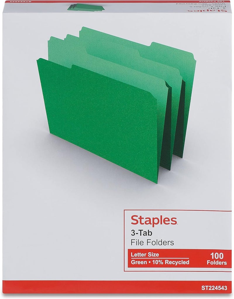 Staples File Folders, 1/3-Cut Tab, Assorted Position, Letter Size, Perfect for Home, Office, Classroom, 100-Pack, Green - Image 4