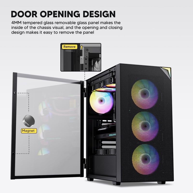 Vetroo AL800 Mid Tower ATX PC Computer Case - Door Opening Design Tempered Glass, Adjustable LED Strip, Pre-Installed ARGB & PWM FDB Fan in Rear, Support for 50 Series GPUs - Black - Image 2