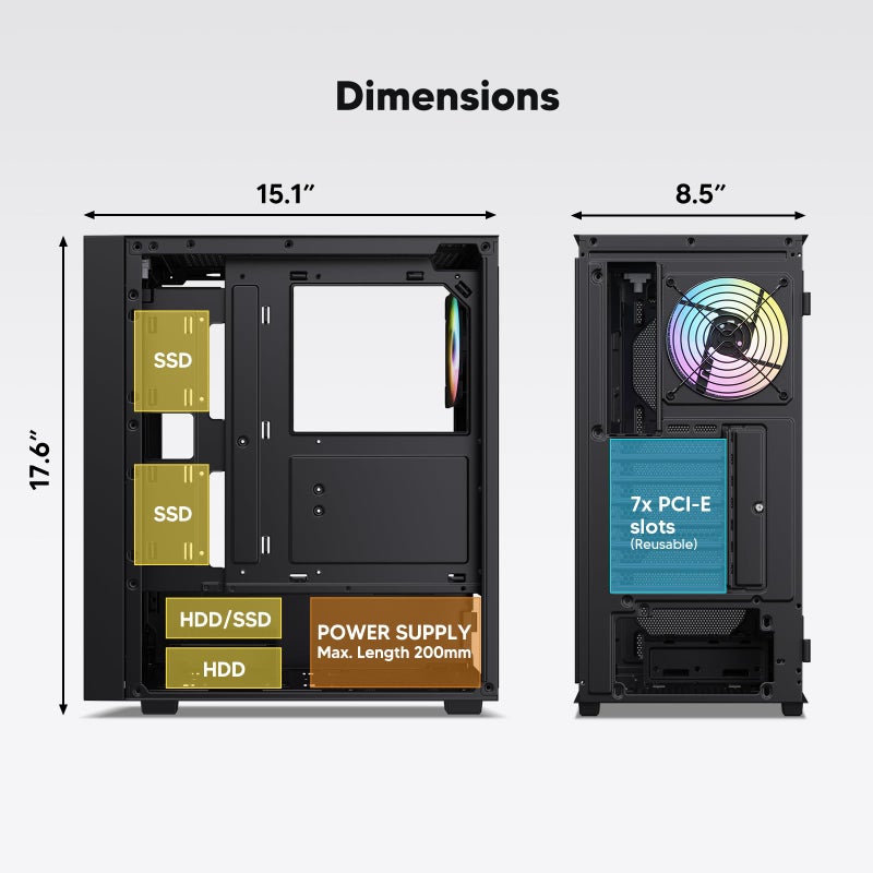 Vetroo AL800 Mid Tower ATX PC Computer Case - Door Opening Design Tempered Glass, Adjustable LED Strip, Pre-Installed ARGB & PWM FDB Fan in Rear, Support for 50 Series GPUs - Black - Image 4
