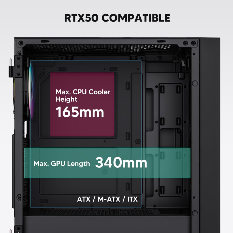 Vetroo AL800 Mid Tower ATX PC Computer Case - Door Opening Design Tempered Glass, Adjustable LED Strip, Pre-Installed ARGB & PWM FDB Fan in Rear, Support for 50 Series GPUs - Black - Image 5