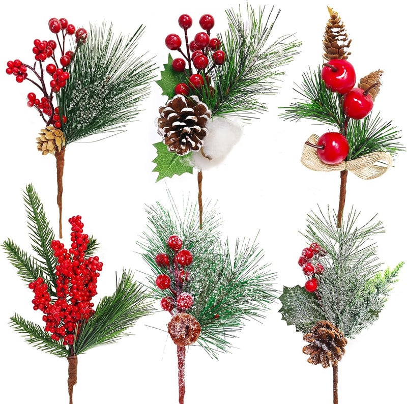 MEMOVAN Christmas Picks and Sprays Artificial Pine Needles Branches Berries Red Stems with Red Berry Pinecone Holly Xmas Floral Picks for Craft Flower Arrangements Wreath Holiday Xmas Tree Decor-6PCS - Image 1