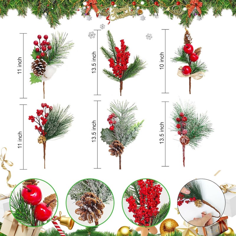 MEMOVAN Christmas Picks and Sprays Artificial Pine Needles Branches Berries Red Stems with Red Berry Pinecone Holly Xmas Floral Picks for Craft Flower Arrangements Wreath Holiday Xmas Tree Decor-6PCS - Image 2