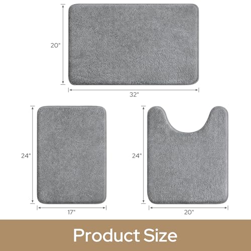 HOMEIDEAS Upgraded Bathroom Rugs Set 3 Piece, Extra Thick Absorbent Soft Memory Foam, Washable Toilet Bath Mat (Grey,17"x24"+20"x32"+U Shape 20"x24") - Image 2