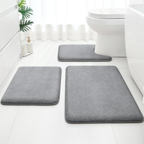 HOMEIDEAS Upgraded Bathroom Rugs Set 3 Piece, Extra Thick Absorbent Soft Memory Foam, Washable Toilet Bath Mat (Grey,17"x24"+20"x32"+U Shape 20"x24") - Image 1