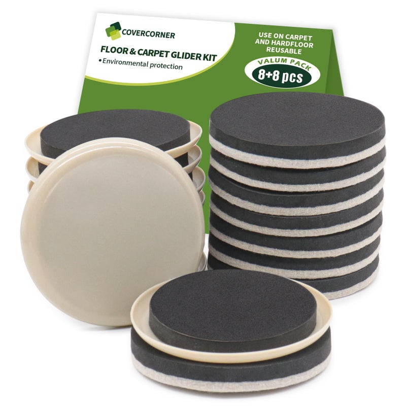 covercorner COVERCORNER Furniture Sliders for Hardwood Floors Furniture Sliders for Carpeted Floors 16 PCS 3 12 inch Combo Pack Sliders for Moving Furniture Furniture Movers Sliders