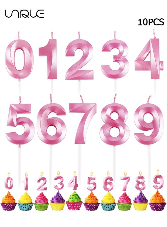 Unique 10Pcs Numeral Birthday Candles Set - Candles 0-9 Cake Topper Decoration - Glitter Cake Candles - 3D Cake Decoration - Cake Decoration for Birthday Party, Weddings, Company Parties, Anniversaries, Birthday Candle Number - Pink - Image 1