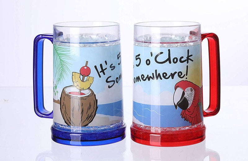 Easicozi Its 5 OClock Somewhere Party Parrot Double Wall Gel Frosty Freezer Ice Mugs Clear 16oz Set of 2
