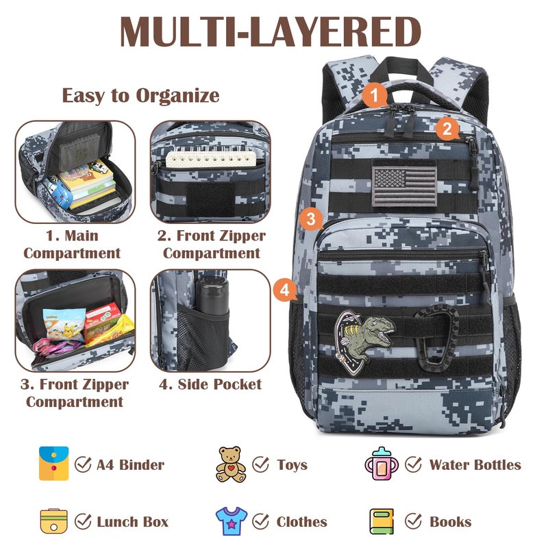 SunForMorning Kids Tactical Backpack Army Molle Bookbag Military Boys Backpack for School, Outdoor, Camping, Black Digital CM - Image 3