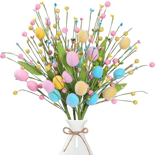 Sggvecsy Artificial Easter Stems 6 Pcs Spring Egg Picks with Colorful Eggs Berries Greenery Leaves Twig Branches for Easter Arrangement Centerpiece Easter Celebration Home Vase Decor - Image 1