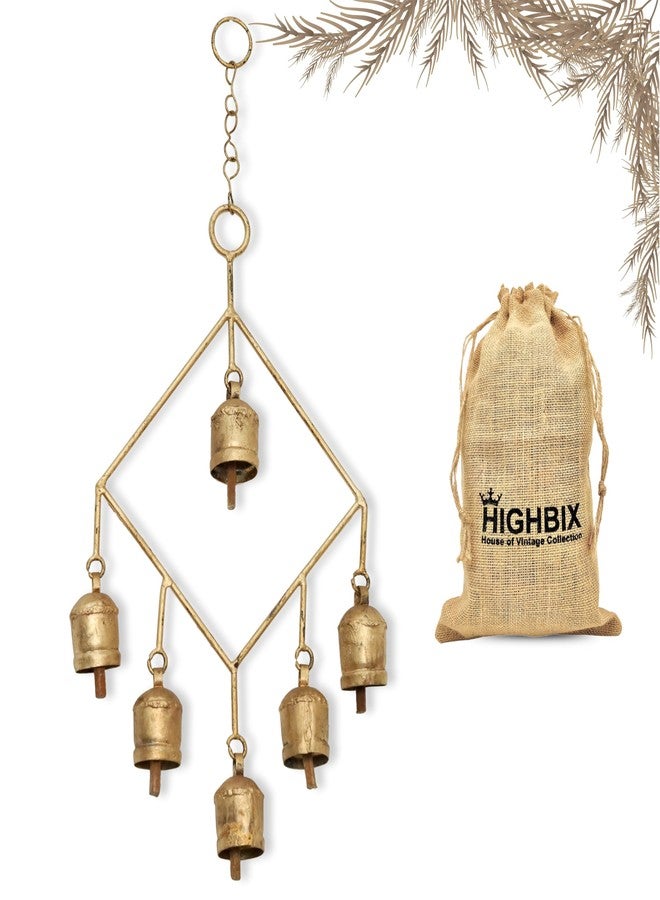 HIGHBIX Handmade Rustic 6 Bells Hanging Wind Chime – Vintage Cow Bells on Metal Frame, Boho Farmhouse Wall Hanging, Wind Chime for Home, Patio, Garden & Christmas Décor - Image 1