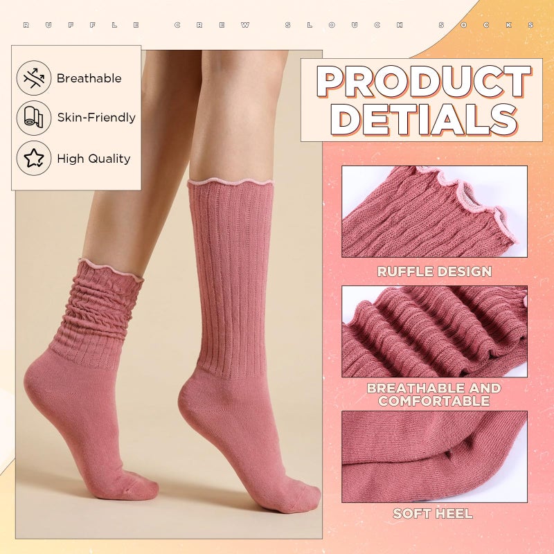 Croloose 6 Pairs Ruffle Slouch Crew Socks for Women Knit Mid Calf Rib Tube Soft Scrunch Boot Women's Legging Socks(Stripe,Retro Colors) - Image 4