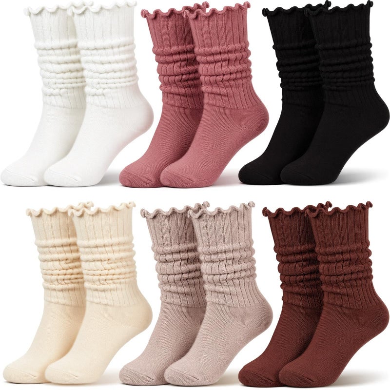 Croloose 6 Pairs Ruffle Slouch Crew Socks for Women Knit Mid Calf Rib Tube Soft Scrunch Boot Women's Legging Socks(Stripe,Retro Colors) - Image 1