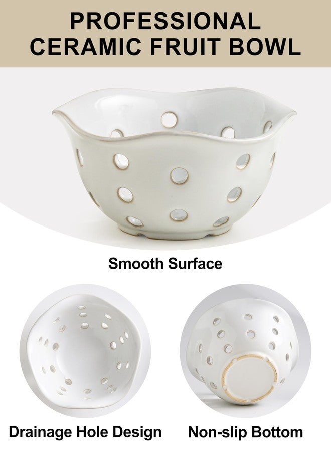 Gomakren Fruit Basket Set of 2, Ceramic Fruit Bowl Berry Basket with Holes, 7.6 Inch Fruit Containers Colander for Fridge - Farmhouse Kitchen Decor, White - Image 4