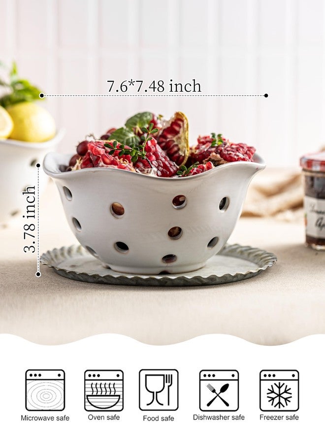 Gomakren Fruit Basket Set of 2, Ceramic Fruit Bowl Berry Basket with Holes, 7.6 Inch Fruit Containers Colander for Fridge - Farmhouse Kitchen Decor, White - Image 3