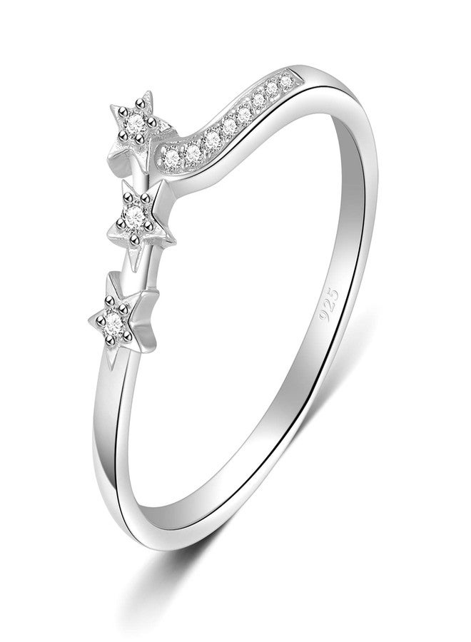 BORUO 925 Sterling Silver Ring, Chevron Wave Three Star Cubic Zirconia CZ Comfort Fit Wedding Band Ring Size 11 - Image 1