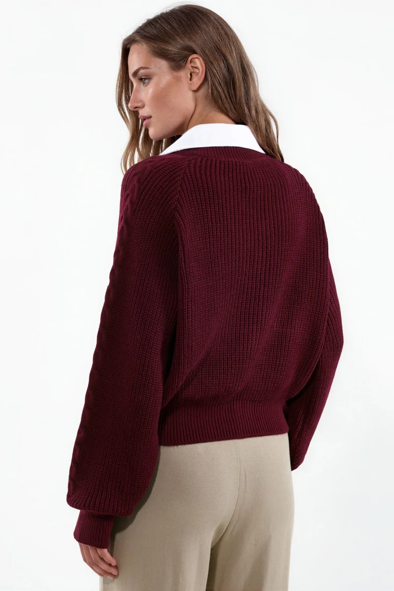 Hiccup Patterned Knit Sweater with Shirt Collar