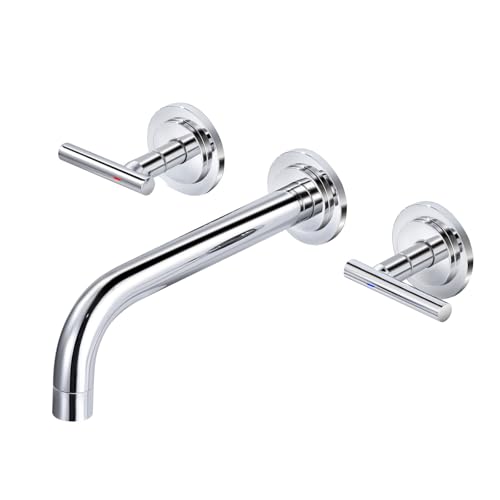 WOWOW Wall Mount Bathroom Faucet WOWOW Chrome Bathroom Sink Faucet 2 Handle Wall Mount Vessel Sink Faucet 3 Holes Elegant Classic Spout Rough in Brass Valve Included - Image 1