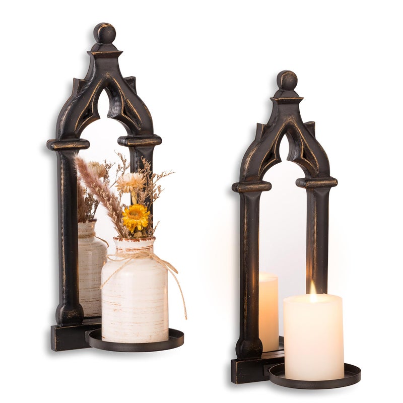 Walasis Candle Sconces Black Wall Decor Gothic Dark Mirror Wall Candle Holder for Halloween Art Decorations Wood Farmhouse Candles Sconce Set of 2 for Home
