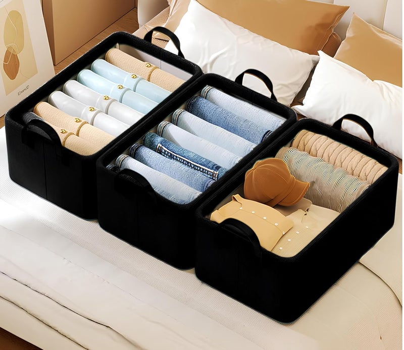 PulGos PulGos 3 Pieces Foldable Wardrobe organizer for Clothes Storage Baskets Fabric Storage Box with Handles Closet Drawer Organizers Shelf Basket for Storage Clothes Pants Jeans ToysBlack - Image 1