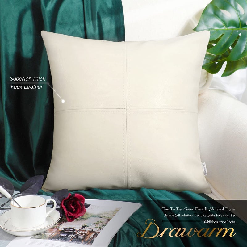 BRAWARM BRAWARM Faux Leather Throw Pillow Covers 16 X 16 Inches  Cream Leather Pillow Cover  Hand Stitched Leather Decorative Pillow Cover for Couch Sofa Bed Living Room Home Garden - Image 2