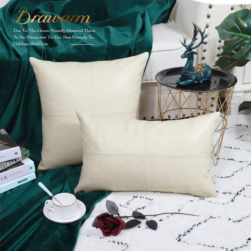 BRAWARM BRAWARM Faux Leather Throw Pillow Covers 16 X 16 Inches  Cream Leather Pillow Cover  Hand Stitched Leather Decorative Pillow Cover for Couch Sofa Bed Living Room Home Garden - Image 4